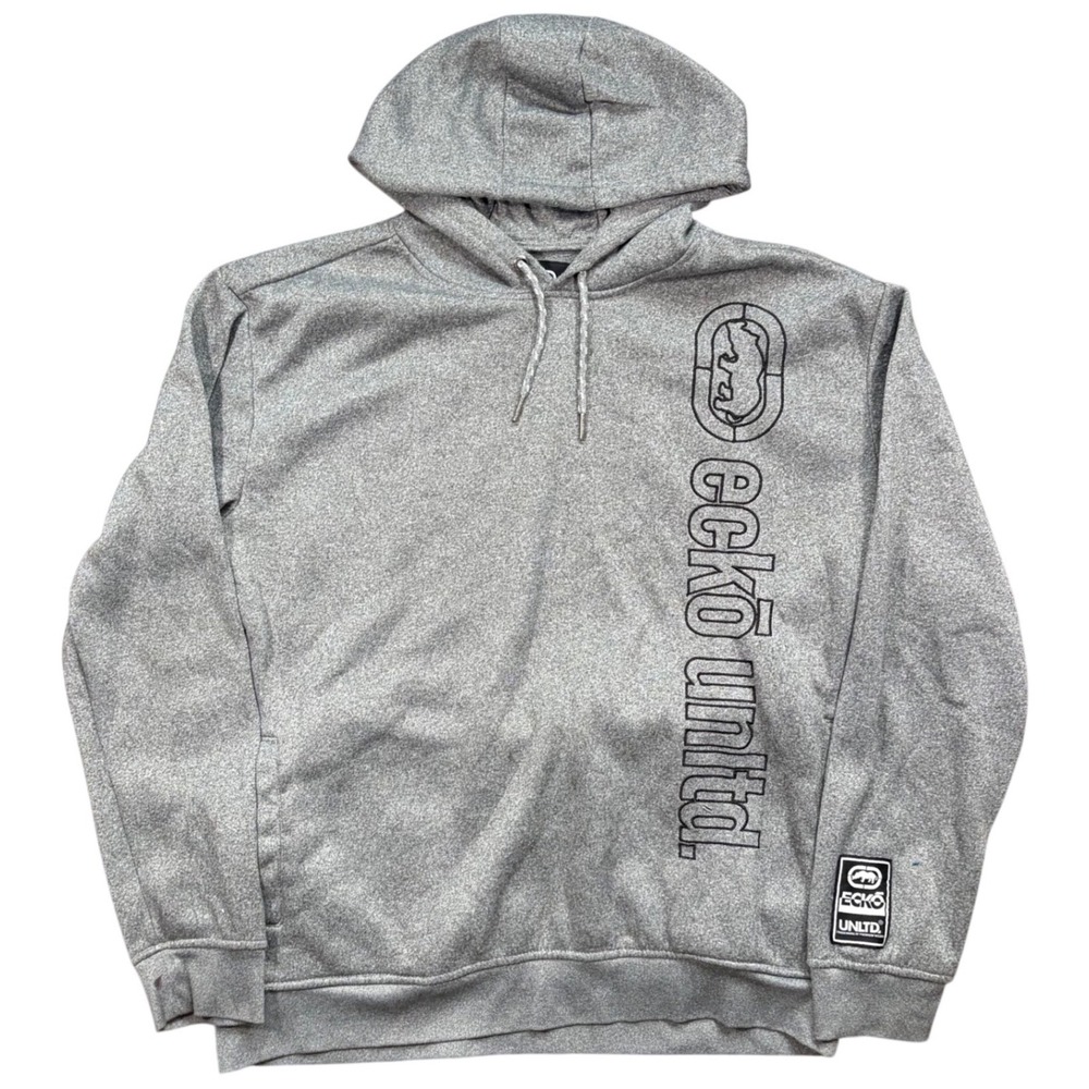Ecko Unltd Mens XL Gray Heathered Pullover Hoodie Vertical Logo Sweatshirt